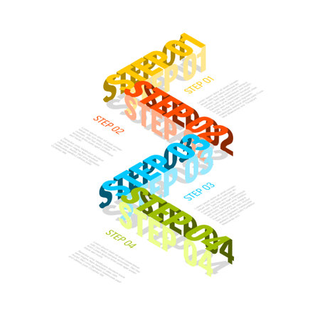Vector Infographic vertical steps diagram template for workflow, business schema or procedure diagram - light version with four big isometry texts. Progress steps with titles descriptions and iconsのイラスト素材