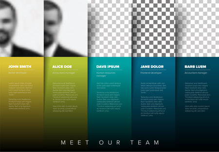 Company team presentation template with team profile photos placeholders and some sample text about each team member each in green blue stripes - photo team members placeholders with descriptionのイラスト素材