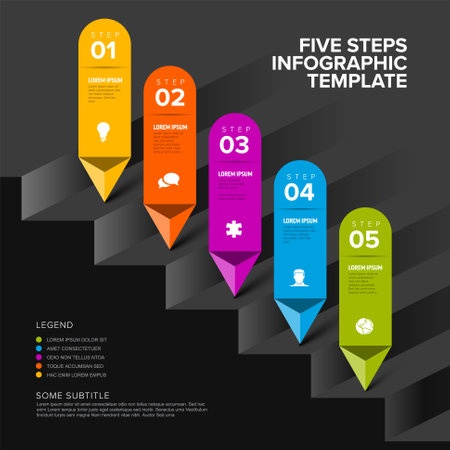 Vector multipurpose Infographic template with title and six steps arrow items on the dark stairs. Multipurpose Infochart with modern colors stripe lines icons and pyramid triangle arrows pointing on one direction.のイラスト素材