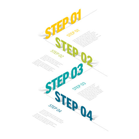 Vector Infographic vertical steps diagram template for workflow, business schema or procedure diagram - light version with four big isometry texts. Progress steps with titles descriptions and iconsのイラスト素材