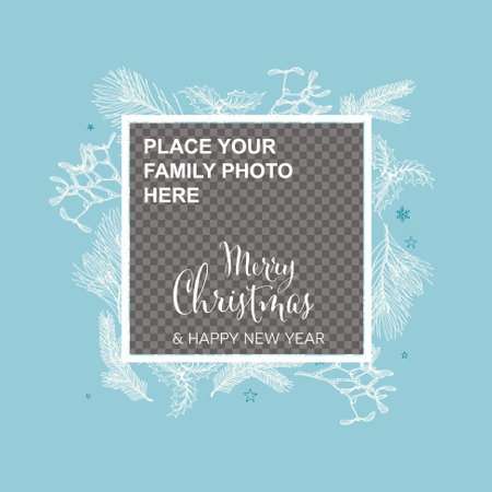 Vintage light blue vector hand drawn Christmas card with family photo placeholder - customizable editable family christmas card layout template - light version with white handdrawn elementsのイラスト素材