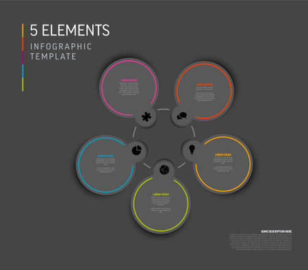 Vector dark Infographic template with white circle cards, icons and descriptions. Simple minimalistic multipurpose infochart template with five step elements and color border lineのイラスト素材