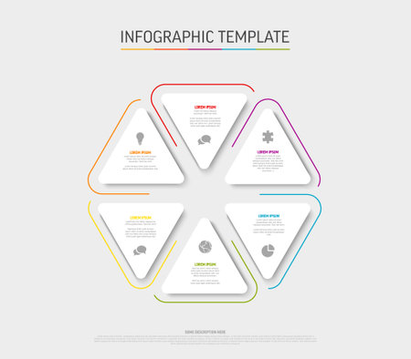 Vector multipurpose Infographic template with title and six elements options in triangle shapes and modern colors on a light background with iconsのイラスト素材