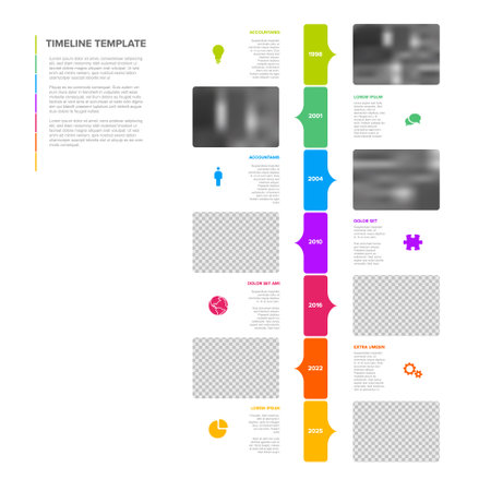 Vector multipurpose vertical simple light progress timeline steps template with descriptions, icons and photo placeholders - universal minimalistic infochart time line layoutのイラスト素材