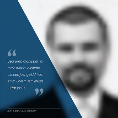 Profile photo with a blue quote template. Profile quote template for motto, testimonial, review, opinion. Photo quotation layout with portrait photo placeholder and dummy quote text.のイラスト素材