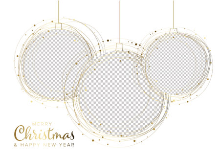 Three circle Christmas decorations photo frame layout template with place for your three family photos. Simple layout template for your Christmas card, social media post status, flyer, header or bannerのイラスト素材