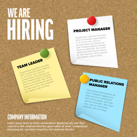 We are hiring minimalistic flyer template - cork notice board with sticky papers containing job position names - looking for new members of our team hiring a new member colleagues to our companyのイラスト素材