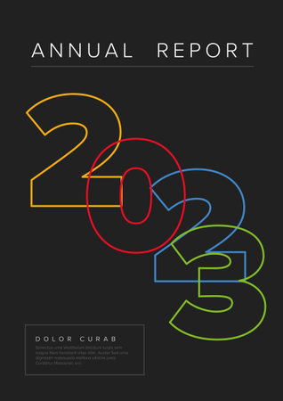 Vector dark abstract annual report cover template with sample text and abstract big color year numbers - annual report document or brochure front page with corporate style with big year numbersのイラスト素材