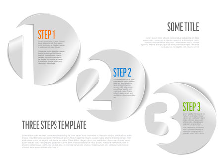 One two three light metallic sticker steps with numbers and short process description on white background. Multipurpose infographic for process descriptionのイラスト素材