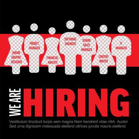 We are hiring minimalistic flyer template - looking for new members of our team hiring a new member colleagues to our company organization team from a crowd Version with people and position namesのイラスト素材
