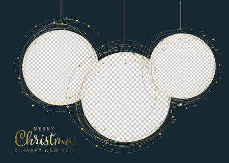 Three circle Christmas decorations photo frame dark layout template with place for your three family photos. Simple layout template for your Christmas card, social media post status, flyer, header or bannerのイラスト素材