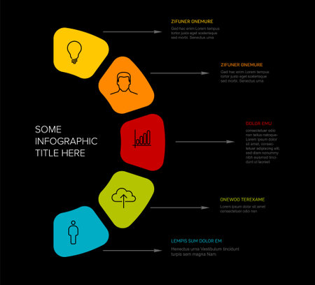 Vector side multipurpose Infographic template with five rounded elements, description, numbers and icons on fan colored paper with black center. Simple infographic templateのイラスト素材