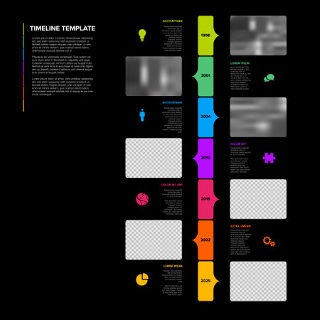Vector multipurpose vertical simple dark progress timeline steps template with descriptions, icons and photo placeholders - universal minimalistic infochart time line layoutのイラスト素材