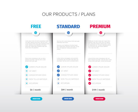 White product features schema template cards with three services, feature lists, order buttons and descriptions. Pricing table light template with three options product subscription types with list of featuresのイラスト素材