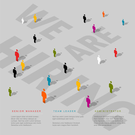 We are hiring minimalistic teal flyer banner header social media post template - light version with big texts and color people icons with shadows on gray backgroundのイラスト素材