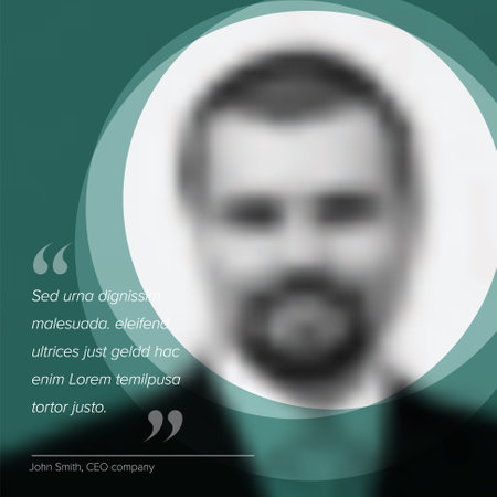 Profile photo with a quote template. Profile quote template for motto, testimonial, review, opinion. Photo quotation layout with portrait teal frame photo placeholder and dummy quote text in circle.のイラスト素材