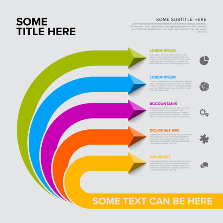 Vector light multipurpose Infographic template with title and five smaller elements options. Multipurpose Infochart with modern colors lines icons and pyramid triangle arrows pointing on one direction.のイラスト素材