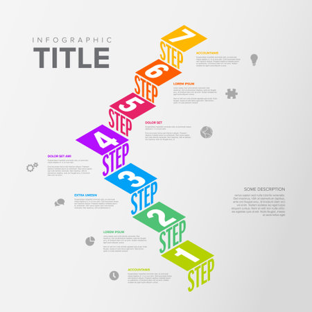 Vector Infographic steps diagram template for workflow, business schema or procedure diagram - light version with icons and isometry texts. Progress steps with titles descriptions and iconsのイラスト素材
