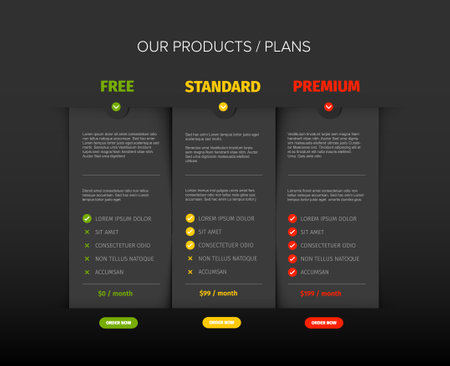 Dark product features schema template cards with three services, feature lists, order buttons and descriptions. Pricing table dark template with three options product subscription types with list of featuresのイラスト素材