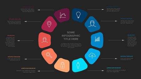 Ten blue and red icon elements in circle design multipurpose cycle Infographic template on dark gray background with arrows descriptions and big title. Original infographic templateのイラスト素材