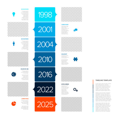 Vector multipurpose vertical simple light progress timeline steps template with descriptions, icons and photo placeholders in bix blue rectangles - universal minimalistic infochart time line layoutのイラスト素材