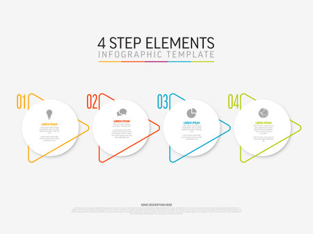 Vector light Infographic template with white circle step cards, icons and descriptions. Simple minimalistic multipurpose infochart template with four step elements and color border triangle arrow lineのイラスト素材