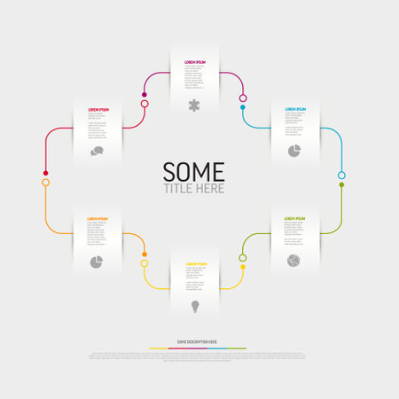 Vector light Infographic template with six white paper cuts elements icons and descriptions. Simple minimalistic multipurpose infographic template with six itemsのイラスト素材