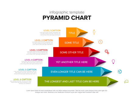 Vector Infographic support layers template with six levels - color pyramid template on light background with icons, triangle pyramids and descriptionsのイラスト素材