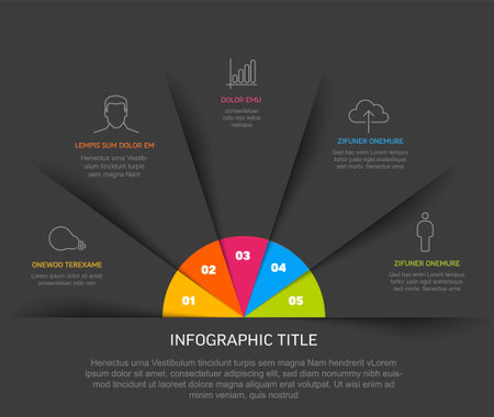 Vector multipurpose Infographic template with five elements, description, numbers and icons on fan black papers with color center and dark footer. Simple infographic templateのイラスト素材