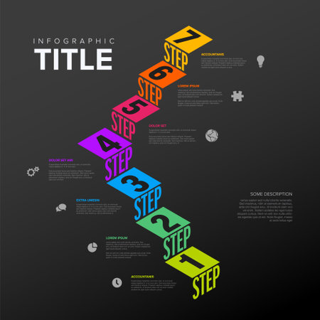 Vector Infographic steps diagram template for workflow, business schema or procedure diagram - dark version with icons and isometry texts. Progress steps with titles descriptions and iconsのイラスト素材