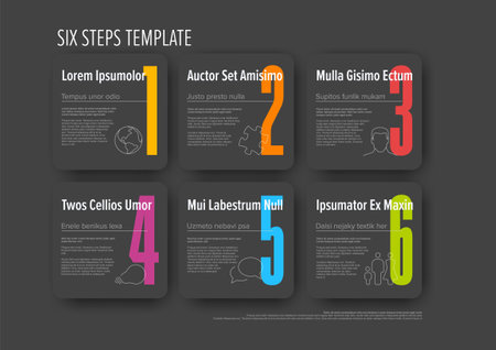 Dark progress steps template with description icons and big color numbers on square rounded buttons on dark gray background. Multipurpose progress infochart templateのイラスト素材