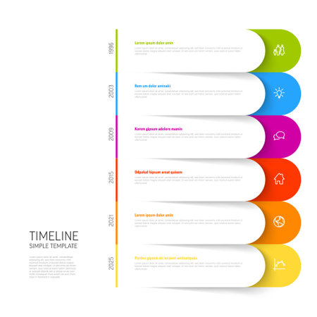 Vector simple infographic vertical time line template with rounded stripe placeholders. Business company timeline overview profile with icons and text blocks.のイラスト素材