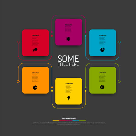 Vector Infographic template with fresh color rounded square cards and icons and descriptions. Simple dark minimalistic multipurpose infographic template with six itemsのイラスト素材