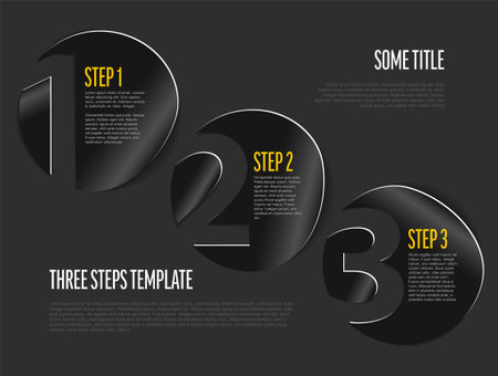 One two three black metallic sticker steps with numbers and short process description on dark gray background. Multipurpose infographic for process descriptionのイラスト素材