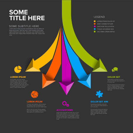 Vector dark multipurpose Infographic template with title and five elements options with big color arrows. Multipurpose Infochart with modern colors lines icons and pyramid triangle arrows pointing on various directionsのイラスト素材