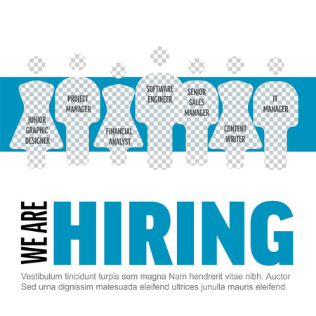 We are hiring minimalistic flyer template - looking for new members of our team hiring a new member colleagues to our company organization team from a crowd Version with people and position namesのイラスト素材