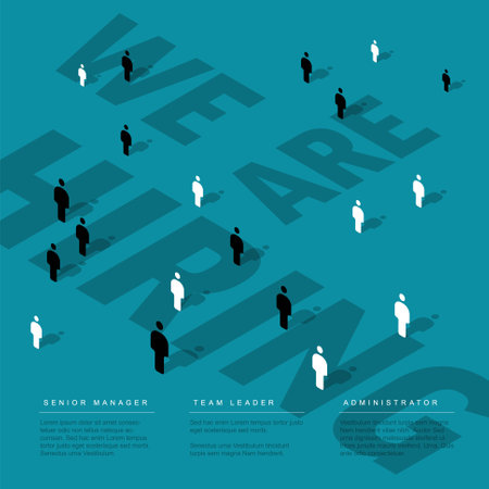 We are hiring minimalistic teal flyer banner header social media post template - blue version with big texts and people icons with shadows on teal backgroundのイラスト素材