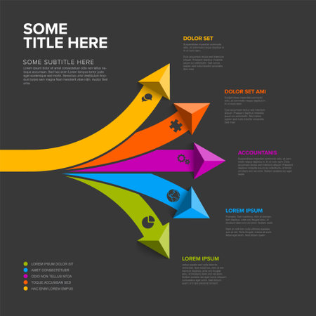 Vector dark multipurpose Infographic template with title and five elements options with big color arrows. Multipurpose Infochart with modern colors lines icons and pyramid triangle arrows pointing on various directionsのイラスト素材