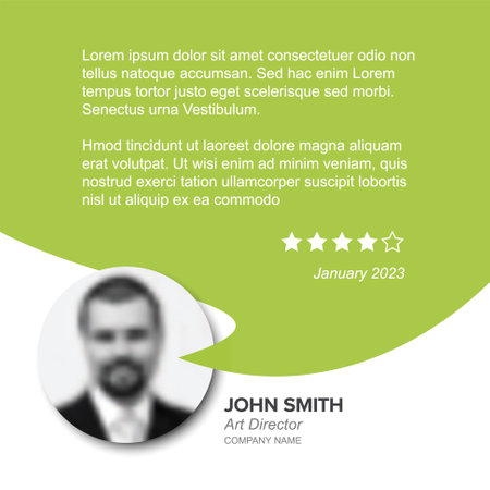 Simple white minimalistic client user customer testimonial review card layout template with photo placeholder and sample, message in green speech bubbleのイラスト素材