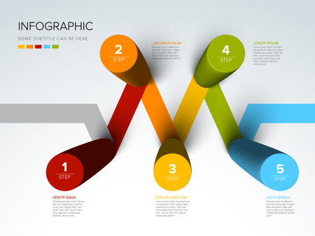 Vector light multipurpose Infographic template made from color diagonal cylinder steps chart with numbers descriptions color stripes and legend - white background version with 5 steps elementsのイラスト素材