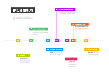 Simple light horizontal timeline template with color year blocks big titles icons and short description. Multipurpose infochart timeline templateのイラスト素材