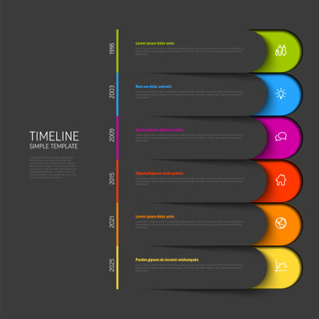 Vector dark simple infographic vertical time line template with rounded stripe placeholders. Business company timeline overview profile with icons and text blocks.のイラスト素材
