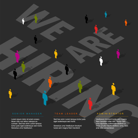 We are hiring minimalistic dark flyer banner header social media post template - dark version with big texts and color people icons with shadows on gray backgroundのイラスト素材