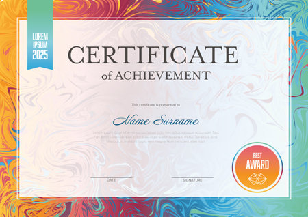 A modern certificate of achievement with colorful swirl designs and clear placeholders for personalization. Fresh Certificate print layout template.のイラスト素材