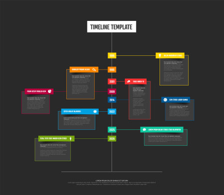Simple dark vertical timeline template with color year blocks big titles icons and short description. Multipurpose infochart timeline templateのイラスト素材