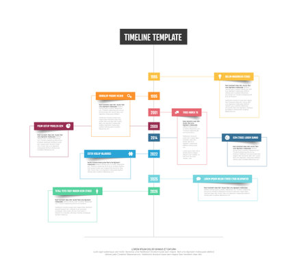 Simple light vertical timeline template with color year blocks big titles icons and short description. Multipurpose infochart timeline templateのイラスト素材