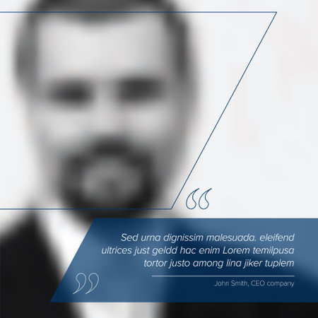 Profile photo with a quote template. Profile quote template for motto, testimonial, review, opinion. Photo quotation layout with portrait blue frame photo placeholder and dummy quote text in stripe.のイラスト素材