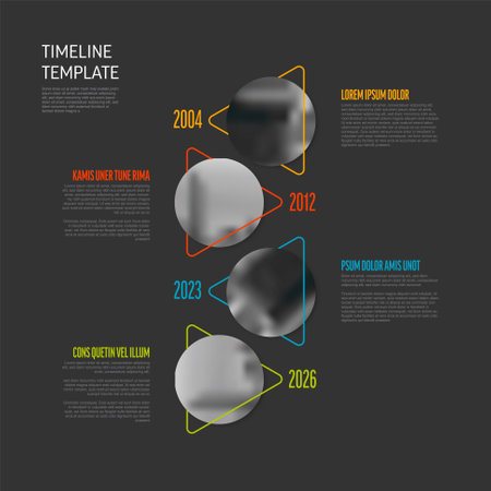 A creative dark timeline template with abstract shapes and placeholders for text, featuring years on a vertical timeline. Multipurpose timeline with photos.のイラスト素材