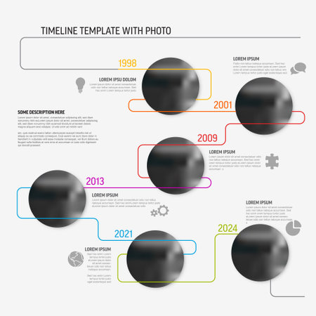 Vector Infographic Company Milestones Timeline Template with circle photo placeholders on colorful lineのイラスト素材