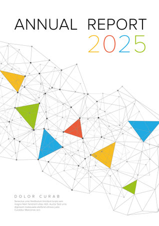 Abstract annual report cover for the last year, featuring colorful geometric shapes and an abstract network background on a white background. Brochure front cover page layout designのイラスト素材
